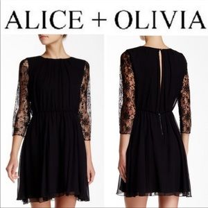 100%Silk Alice + Olivia Shirred Lace Sleeve Dress